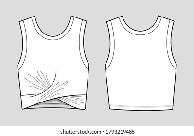 Isolated cropped knotted jersey tank top. Activewear fashion design. Flat sketches technical drawings Illustrator vector template.