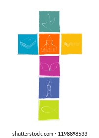 Isolated cross with Christian symbolism. White Christian symbols with squares in various bright colors. Religious sign
