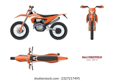 Isolated cross motorcycle. 3D orange motorbike. Front, side, top view of motocross cycle. Extreme motorbik industrial draw. Motorsport vehicle blueprint. Vector illustration