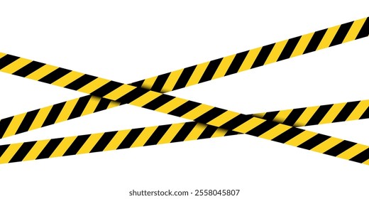 Isolated crossed warning tape with yellow and black stripes. caution ribbon.