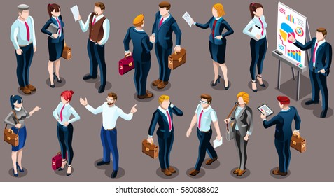 Isolated Crowd Management Isometric Business People. 3D Meeting Event Management Infographic Crowd Standing Walking Casual People Icon Set. Conference Collection Isolated Event Vector Illustration