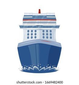 Isolated cruise ship in the sea, front view, flat style illustration. Vacation, travel, holidays, cruise concept. Seaway line connection transport. Sea cruise liner