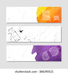 Isolated crumpled paper banner for your design. Instruments and items for use in crafts and sewing. Vector illustration