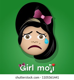 Isolated crying sad girl emoticon with balck hair. Isolated emoticon on green background. 