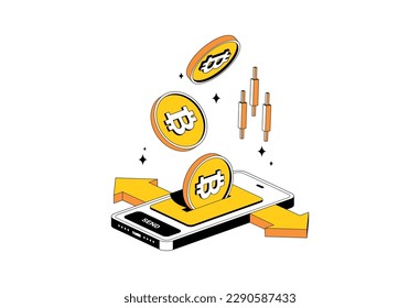 Isolated cryptocurrency bitcoin transfer in isometric style. Online payment with candlestick. Vector