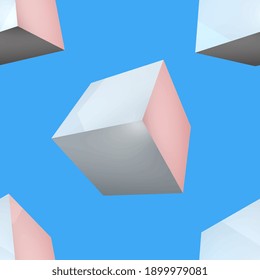 Isolated cubes on blue background. 3D rendering. Realistic and creative illustration. Seamless repeatable pattern. Fabric and product design. Gray colors. Vector EPS10. 