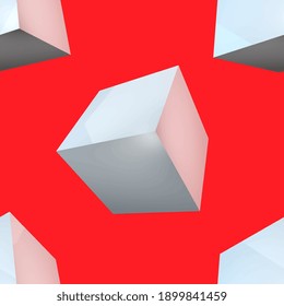 Isolated cubes on red background. 3D rendering. Realistic and creative illustration. Seamless repeatable pattern. Fabric and product design. Gray colors. Vector EPS10. 