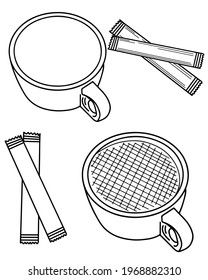 Isolated cup of coffee with sugar vector for coloring book or page. Black line coffee cup and sugar.