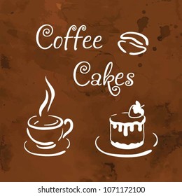 Isolated cup with coffee. Vector icons. Coffee beans. White symbol on a chocolate background. Coffee logo. Cartoon silhouette for menu