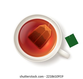 Isolated cup with tea bag, top view of hot drink mug, realistic 3D vector. Teacup with teabag, herbal black or green tea package template for English breakfast, orange pekoe or earl grey tea bags