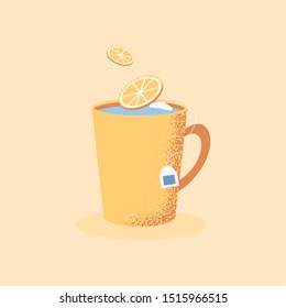 Isolated cup with tea and fly lemon part icon. Vitamin c in flu season concept. Poster for kitchen, medicine company. Vector Illustration 