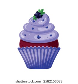 Isolated  cupcake with black currant on white background. Muffin in blue colours with berries. Element for celebration, holiday, social media, banners, advertising, bakery. Vector illustration