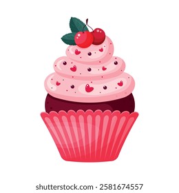 Isolated  cupcake with cherry on white background. Muffin in pink and red colours with berries. Element for celebration, holiday, social media, banners, advertising, bakery. Vector illustration. 