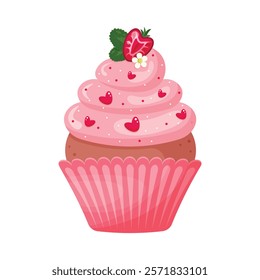 Isolated  cupcake with strawberry on white background. Muffin in pink and red colours with berries. Element for celebration, holiday, social media, banners, advertising, bakery. Vector illustration. 