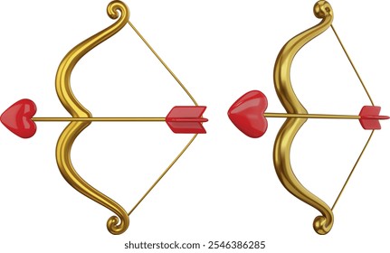 isolated cupid bow with heart shaped arrow. 3d valentine cupid bow with arrow realistic illustration