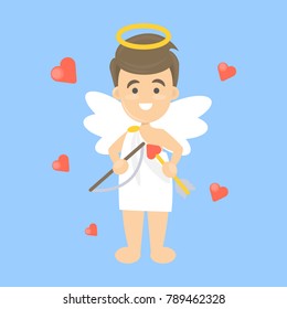 Isolated cupid man with arrow and bow, hearts and wings.