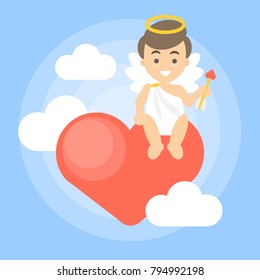 Isolated cupid man sitting on big red heart.