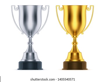 Isolated cups for first and second place at sport competition. Silver and golden goblet for competition prize, Winner and runner-up trophy at championship. Realistic reward for football, soccer, race