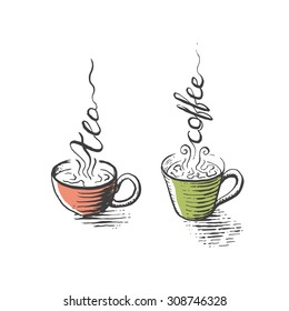 Isolated cups of tea and coffee, hand drawn, for menu, package, design with lettering steam decorations. 