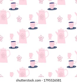 Isolated cups and teapots silhouettes seamless pattern. White background with pink color ornament. Decorative print for wallpaper, textile, wrapping paper, fabric print. Vector illustration.