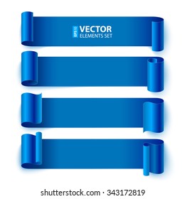 Isolated curled blue paper stripe banners with realistic shadows on white background. RGB EPS 10 vector elements set