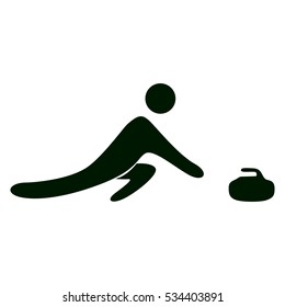 Isolated curling sport icon. Black figure of an athlet on white background. Person with rock.