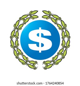 isolated currency icon inside wreath of leaves