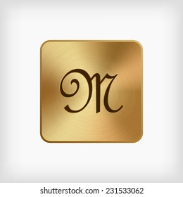 isolated cursive handwriting English alphabet " M " letter in gold icon on white background (vector)