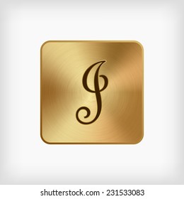 isolated cursive handwriting English alphabet " J " letter in gold icon on white background (vector)