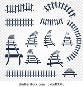 Isolated curvy and straight rails set, railway top view collection, ladder elements vector illustrations on white background