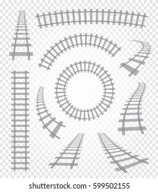 Isolated curvy and straight rails set, railway top view collection, ladder elements vector illustrations on white background.