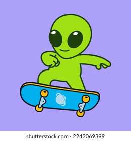 Isolated Cute Alien Skateboarding Illustration