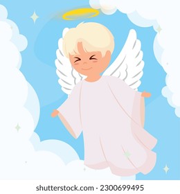 Caricatura de ángel lindo aislado en las nubes Vector