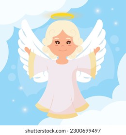 Caricatura de ángel lindo aislado en las nubes Vector