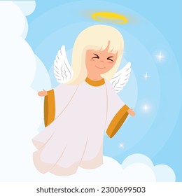 Caricatura de ángel lindo aislado en las nubes Vector