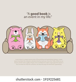Isolated cute Animals reading book vector illustration.Funny animals character for International Children's Book Day graphic resources.