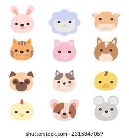 Isolated Cute animals set. Baby farm animals face cartoon character Vector illustration, dog, cat, hose, chicken, cow, tiger, rabbit, sheep, pig, pug, duck, duckling, chicks, mouse. Flat design 
