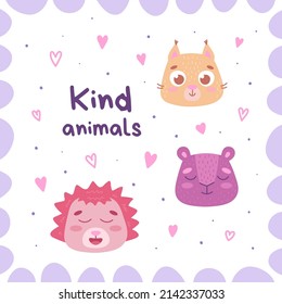 Isolated cute animals. Set of domestic and wild, cartoon animals for print, child development. Squirrel, bear, hedgehog. Flat vector fluffies in a frame