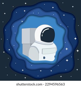 Isolated cute astronaut character flying on space paper art style Vector