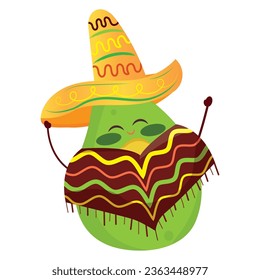 Isolated cute avocado character with traditional hat and poncho Vector