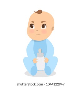 Isolated cute baby boy with milk bottle on white.