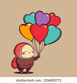 Isolated Cute Baby Character Holding Colorful Heart Shapes Balloons On Pastel Brown Background. Love Or Valentines Day Concept.