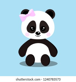 Isolated cute baby girl panda bear in sitting pose with pink bow.Chinese symbol.Adorable funny mascot character in cartoon flat style. Vector illustration.