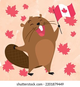 Isolated cute beaver holding a flag of Canada Happy Canada day Vector