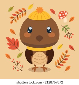 Isolated cute bird character with a winter hat autumn background Vector