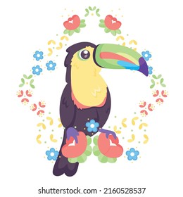 Pájaro lindo aislado en un marco floral Ilustración vectorial