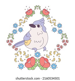 Pájaro lindo aislado en un marco floral Ilustración vectorial