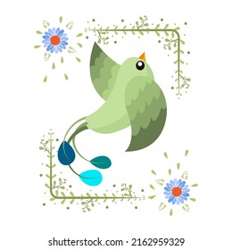 Isolated cute bird in a floral frame Vector illustration