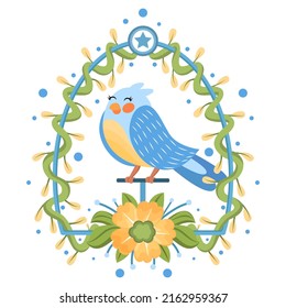 Isolated cute bird in a floral frame Vector illustration