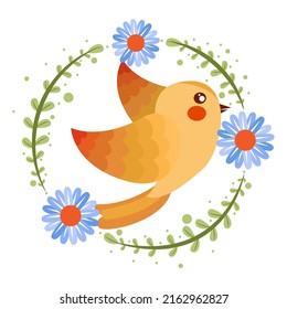 Isolated cute bird in a floral frame Vector illustration